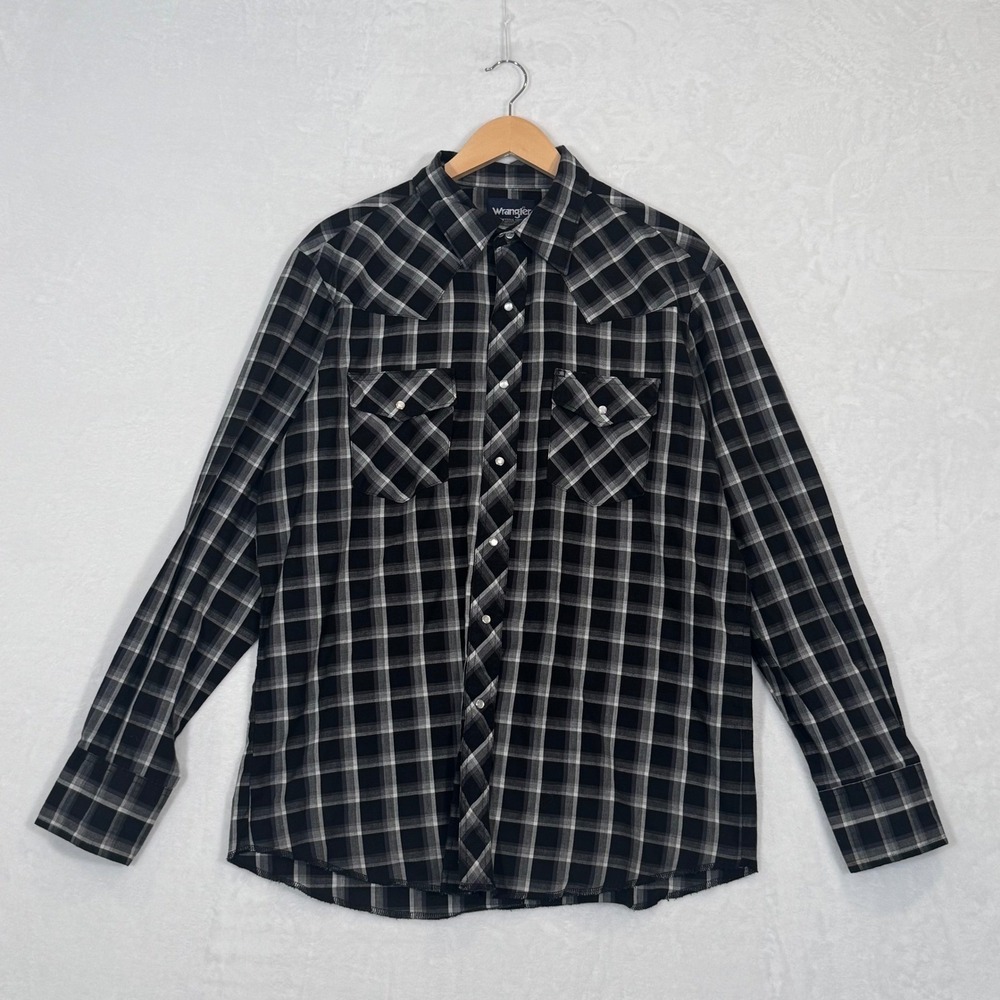 Wrangler Black & White Plaid Western Snap Button Shirt Large